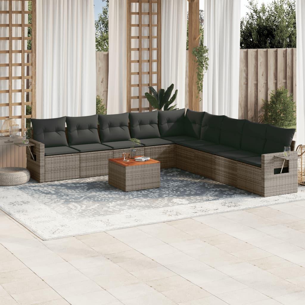 10 Piece Garden Sofa Set with Cushions Grey Poly Rattan