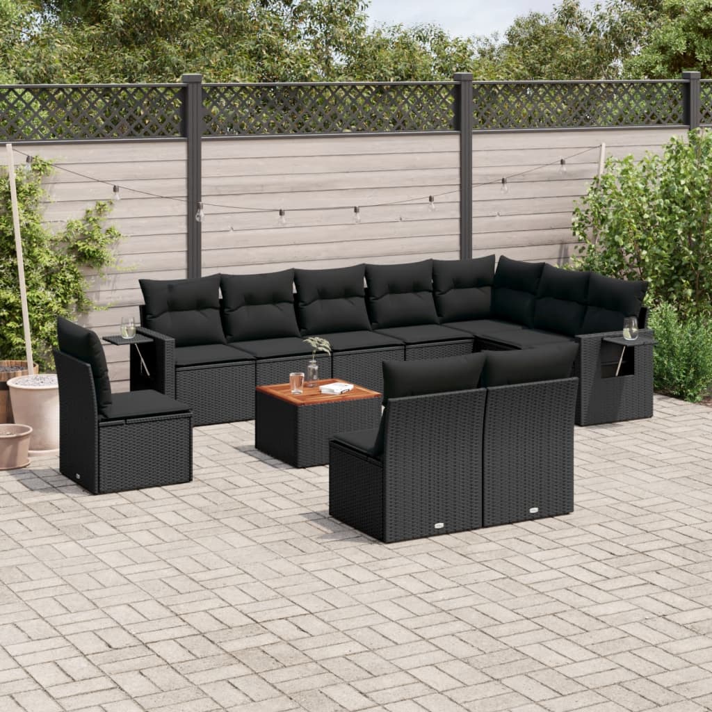 11 Piece Garden Sofa Set with Cushions Black Poly Rattan