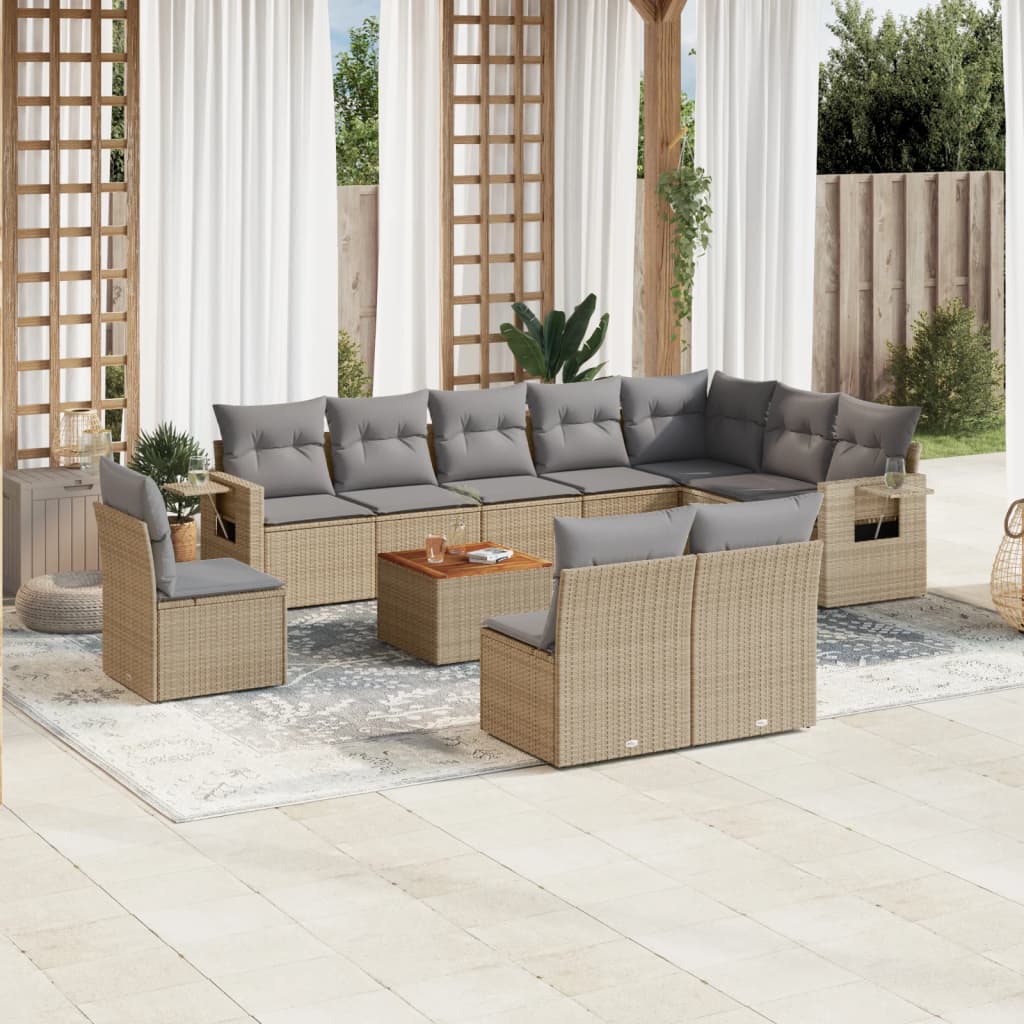 11 Piece Garden Sofa Set with Cushions Beige Poly Rattan