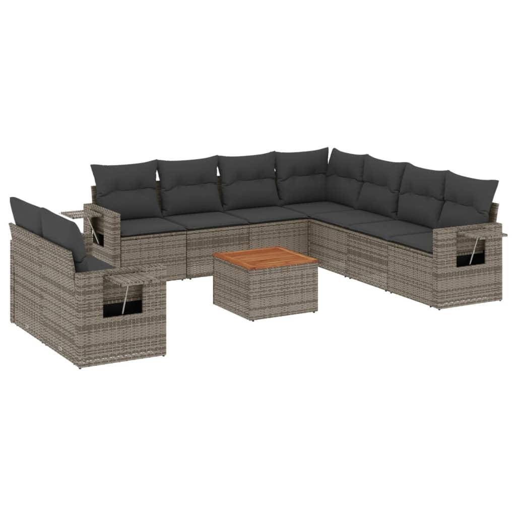 10 Piece Garden Sofa Set with Cushions Grey Poly Rattan