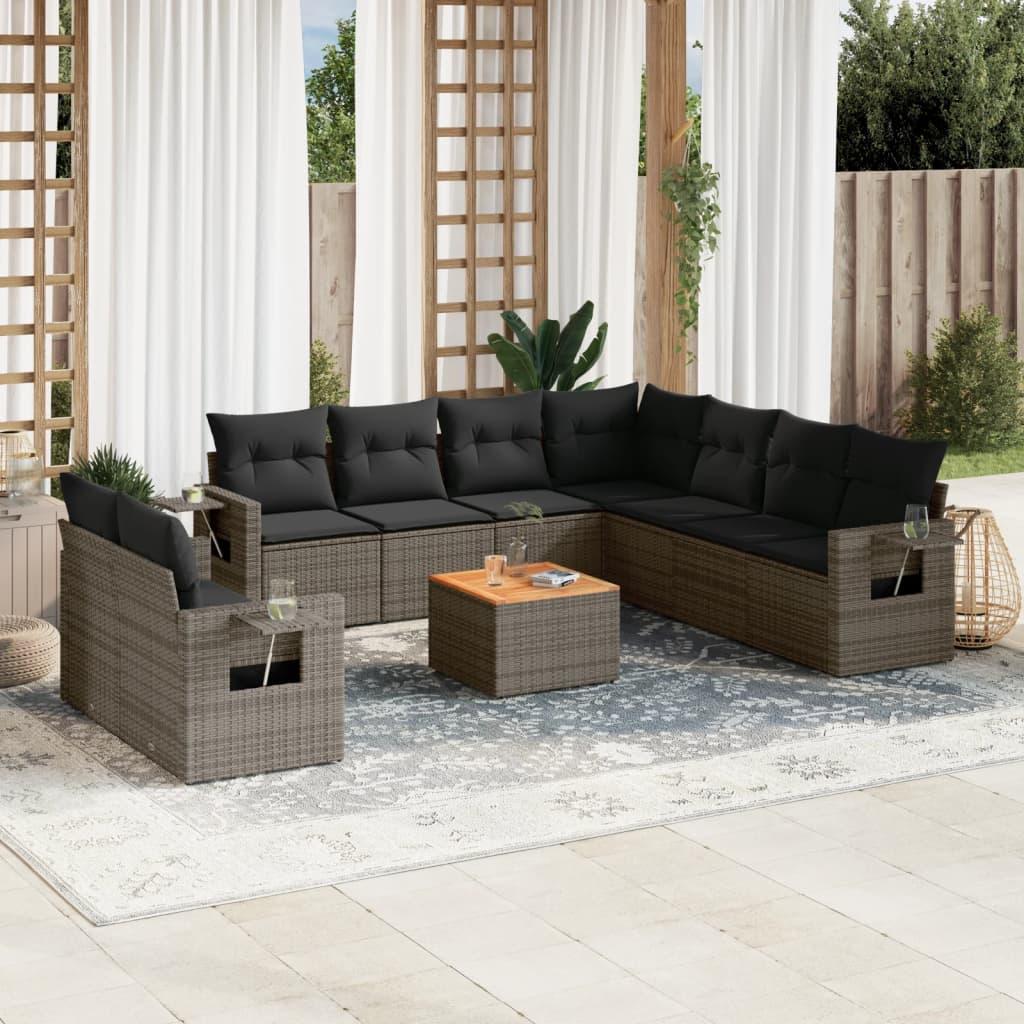 10 Piece Garden Sofa Set with Cushions Grey Poly Rattan