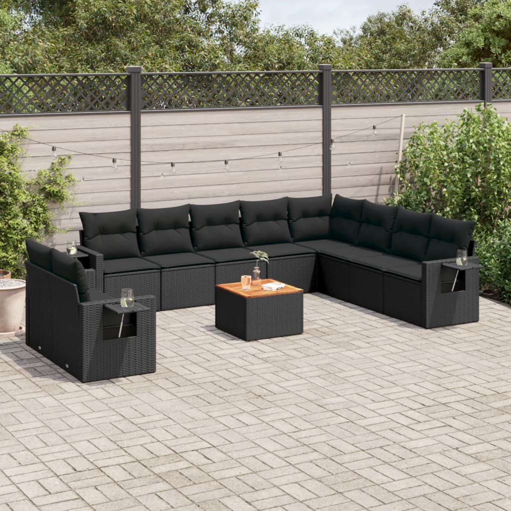 11 Piece Garden Sofa Set with Cushions Black Poly Rattan