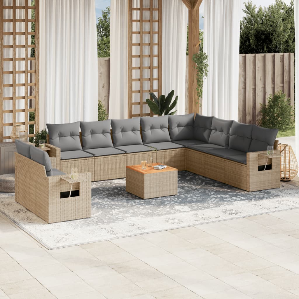 11 Piece Garden Sofa Set with Cushions Beige Poly Rattan