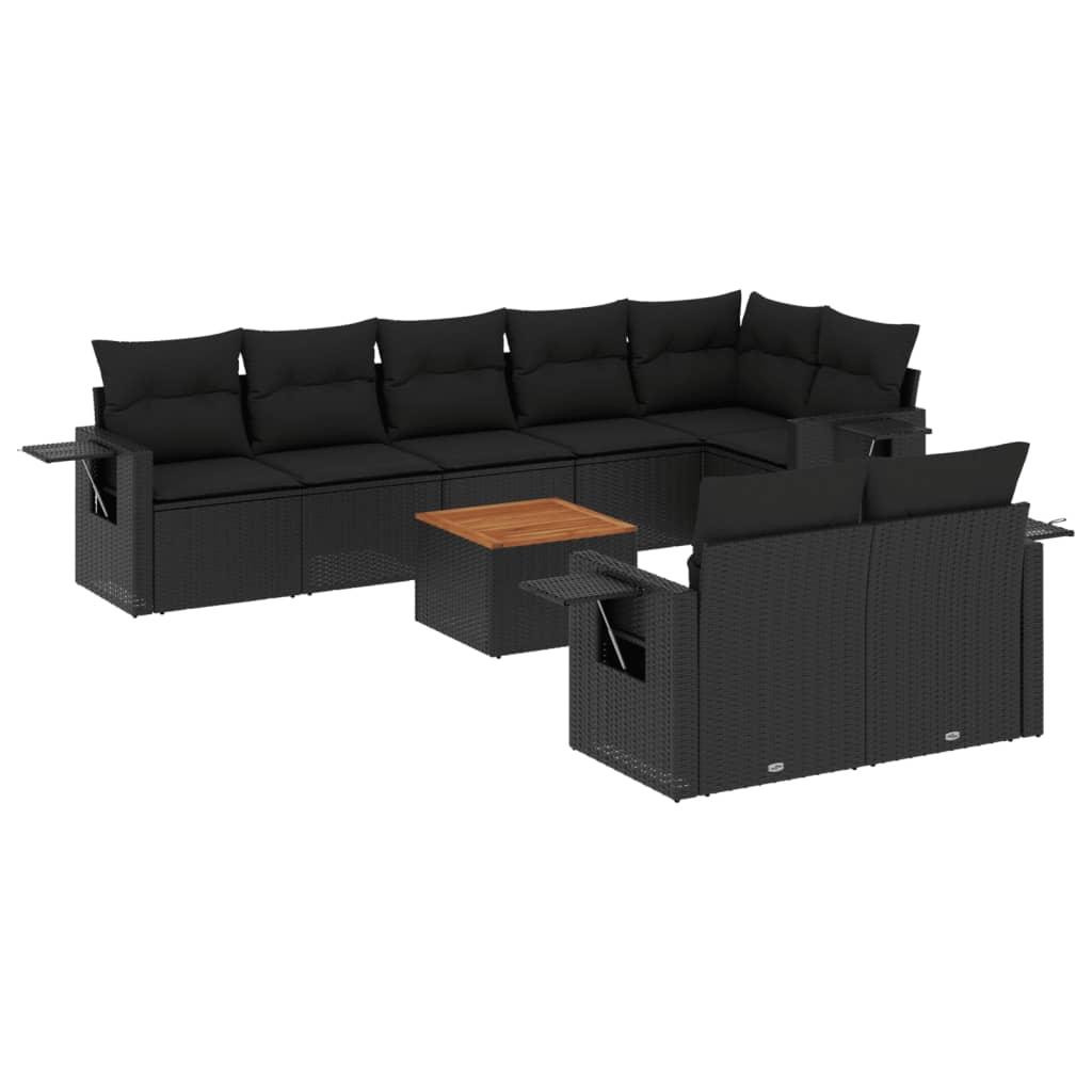 9 Piece Garden Sofa Set with Cushions Black Poly Rattan