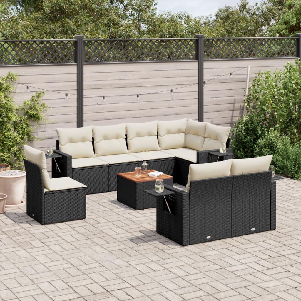 9 Piece Garden Sofa Set with Cushions Black Poly Rattan