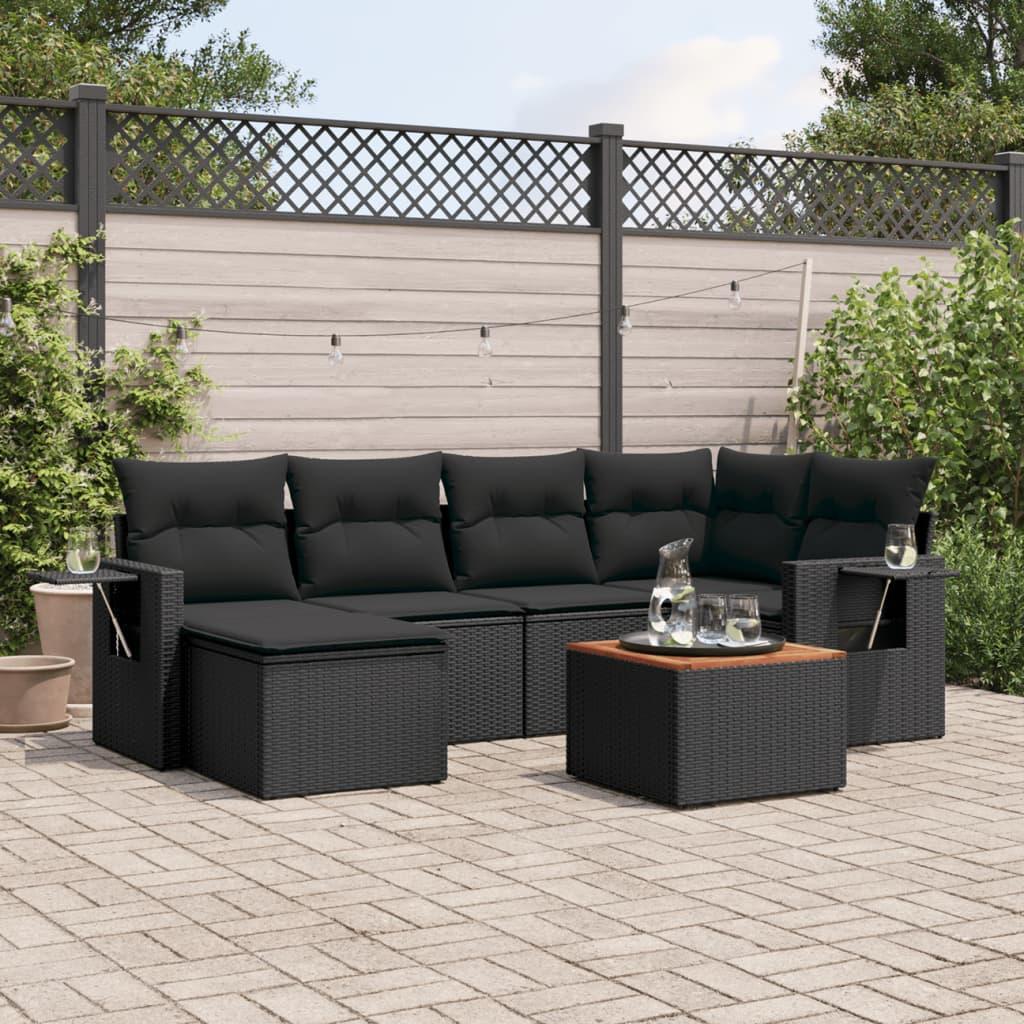 7 Piece Garden Sofa Set with Cushions Black Poly Rattan