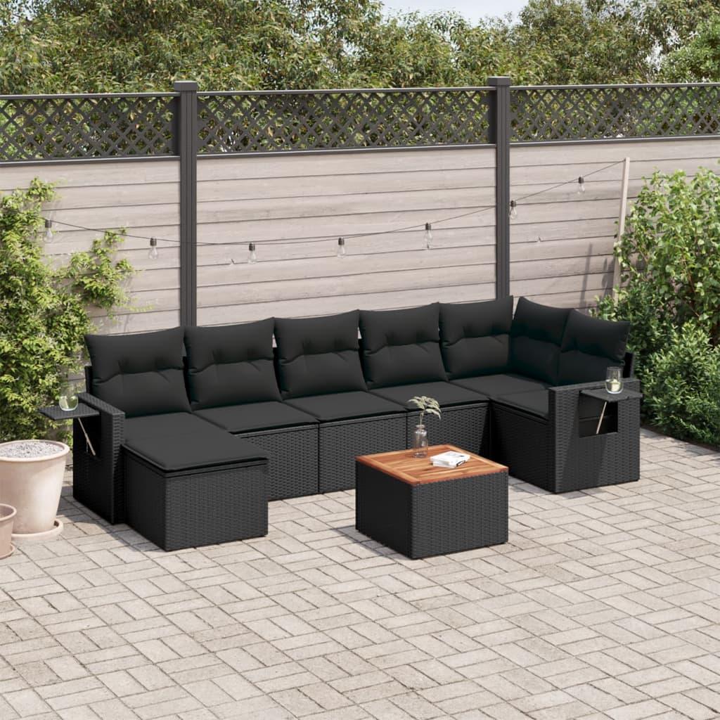 8 Piece Garden Sofa Set with Cushions Black Poly Rattan