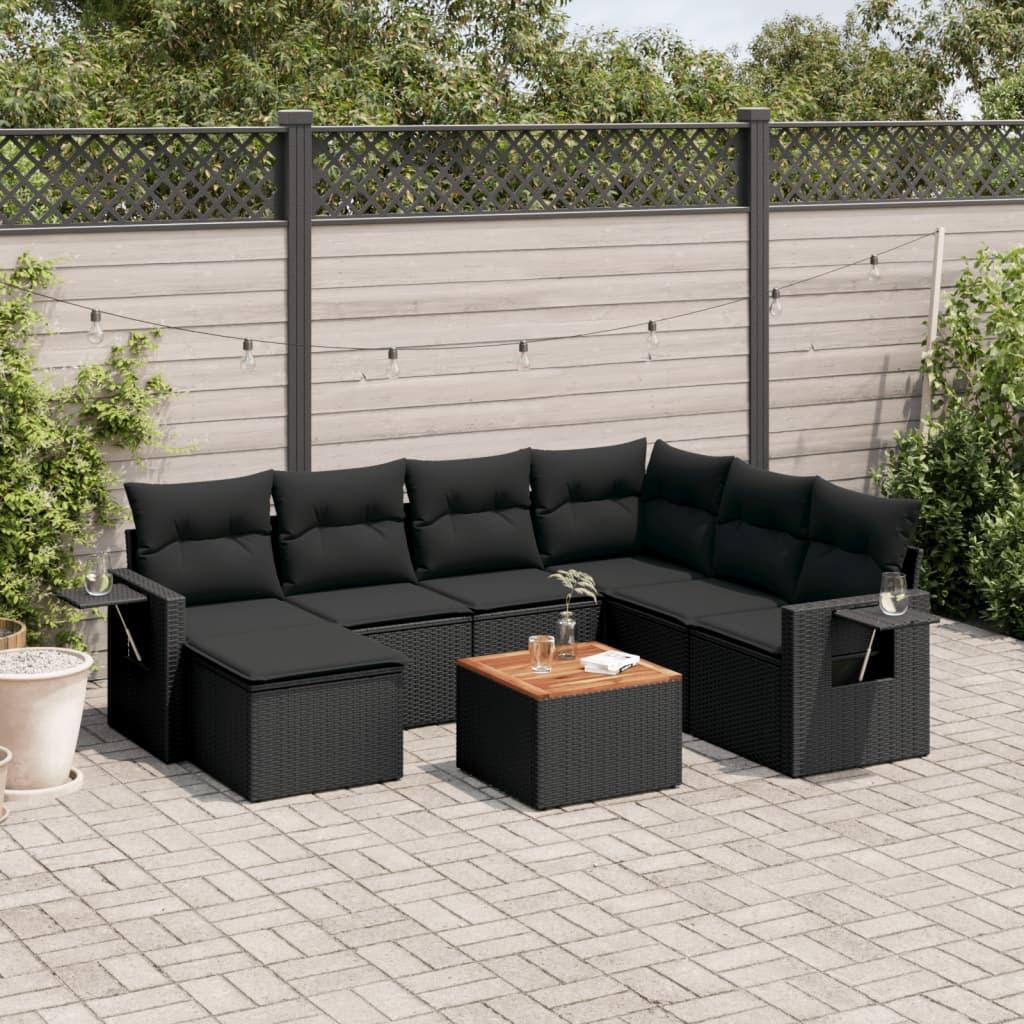 8 Piece Garden Sofa Set with Cushions Black Poly Rattan