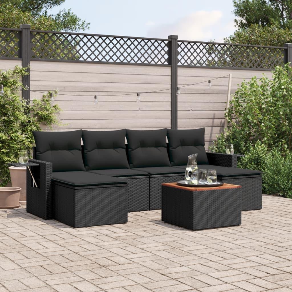 7 Piece Garden Sofa Set with Cushions Black Poly Rattan