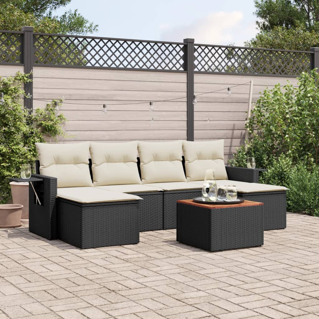 7 Piece Garden Sofa Set with Cushions Black Poly Rattan