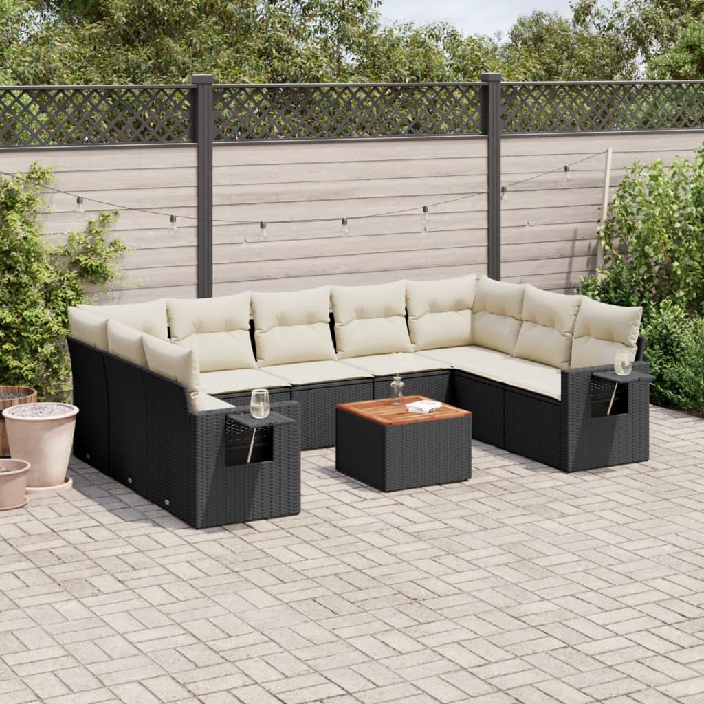 10 Piece Garden Sofa Set with Cushions Black Poly Rattan