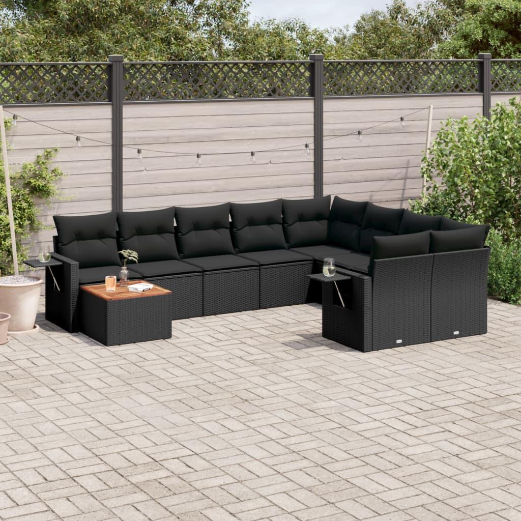 10 Piece Garden Sofa Set with Cushions Black Poly Rattan