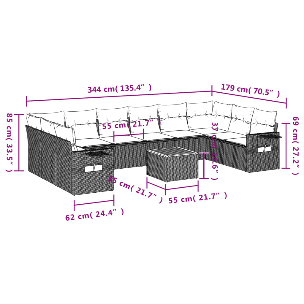 11 Piece Garden Sofa Set with Cushions Grey Poly Rattan