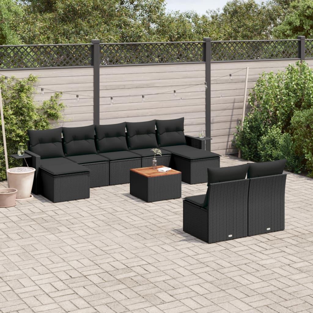 10 Piece Garden Sofa Set with Cushions Black Poly Rattan