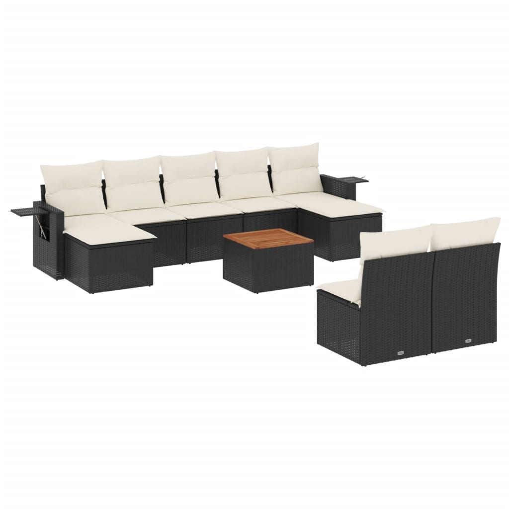 10 Piece Garden Sofa Set with Cushions Black Poly Rattan