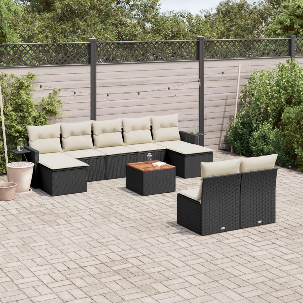 10 Piece Garden Sofa Set with Cushions Black Poly Rattan