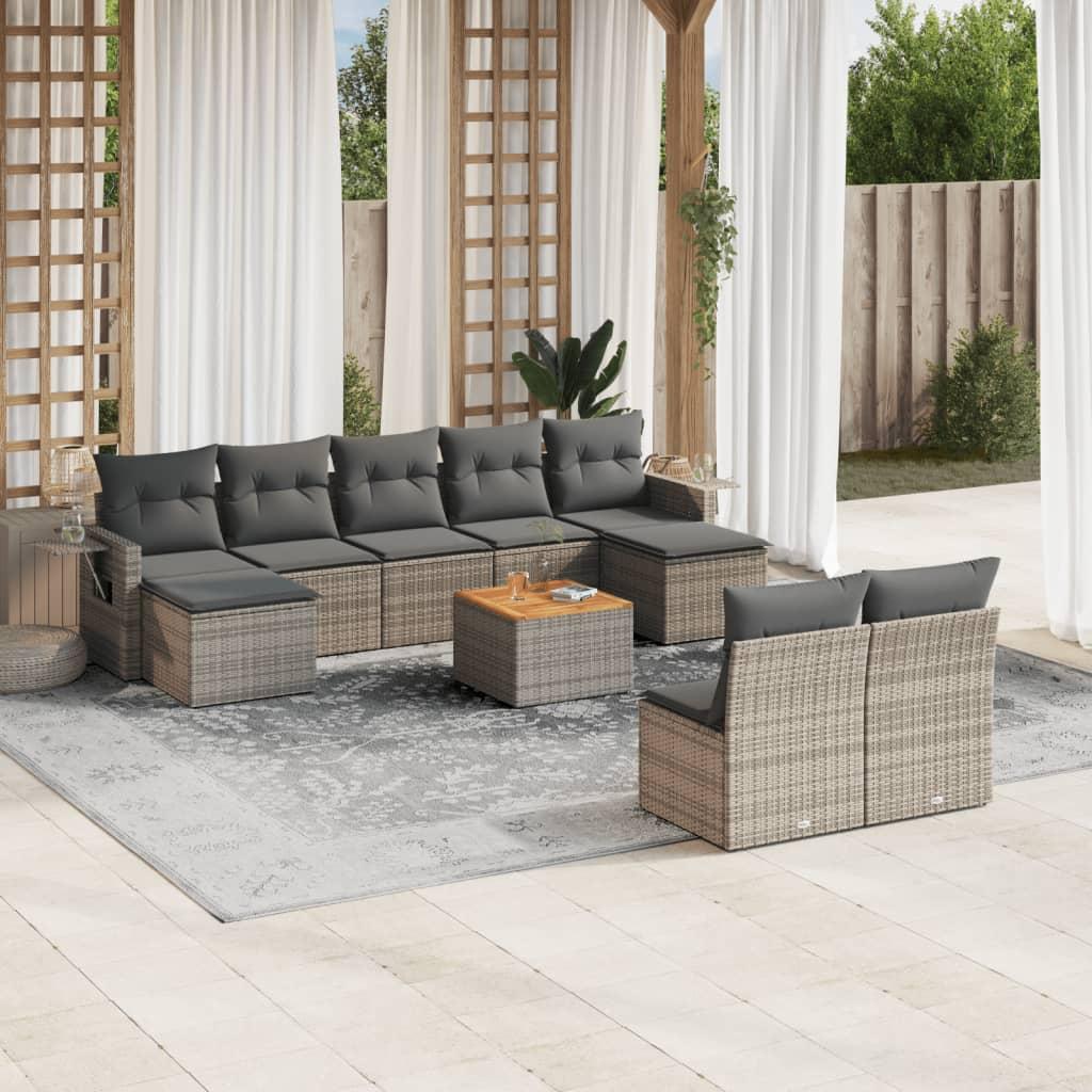 10 Piece Garden Sofa Set with Cushions Grey Poly Rattan