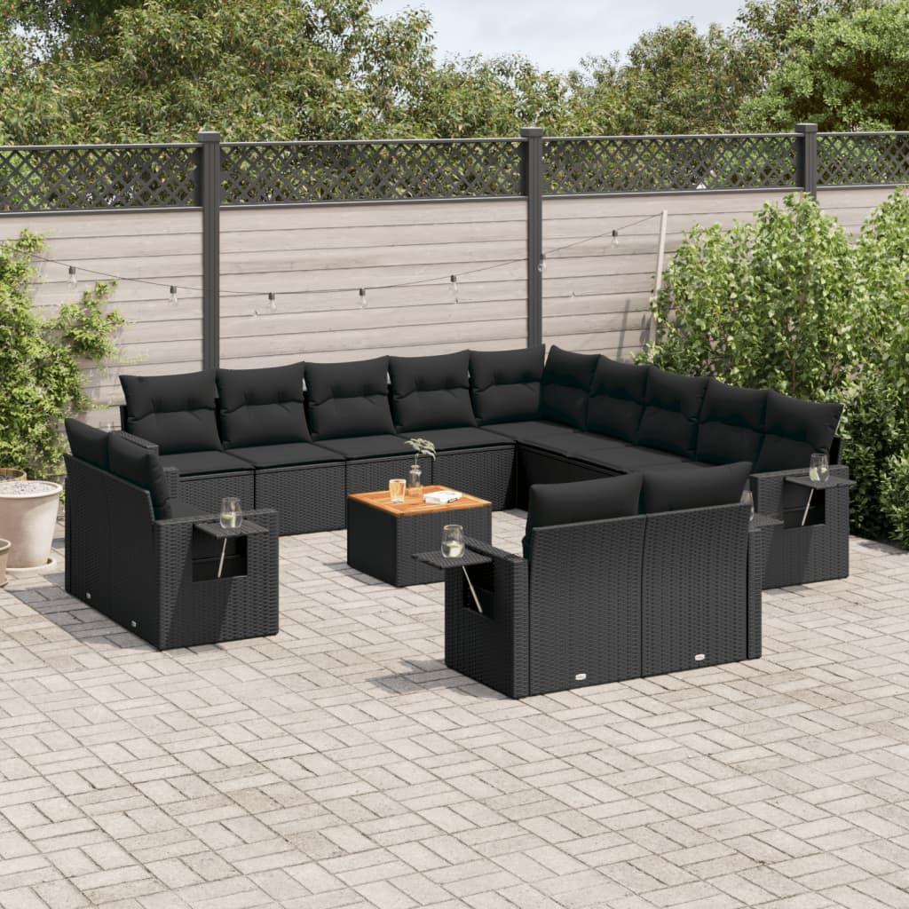 14 Piece Garden Sofa Set with Cushions Black Poly Rattan