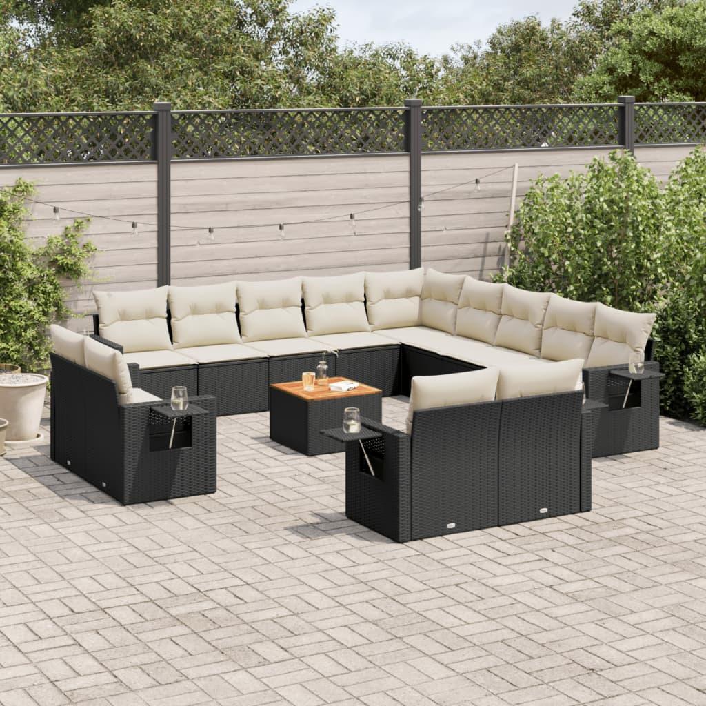 14 Piece Garden Sofa Set with Cushions Black Poly Rattan
