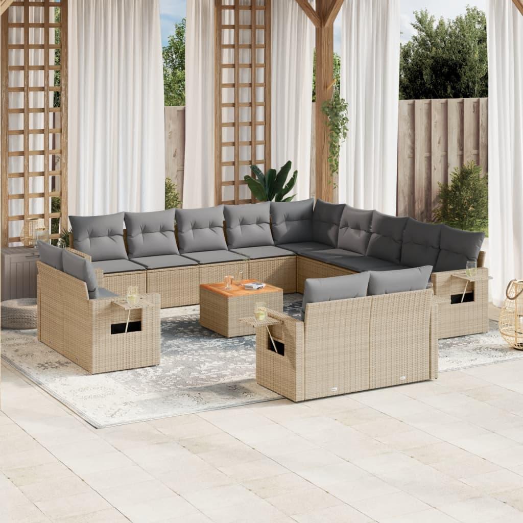 14 Piece Garden Sofa Set with Cushions Beige Poly Rattan