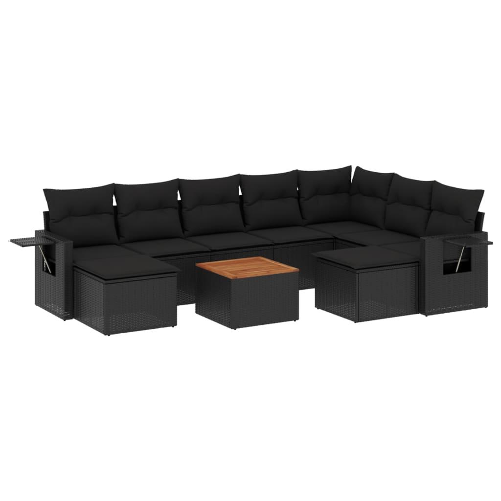 10 Piece Garden Sofa Set with Cushions Black Poly Rattan