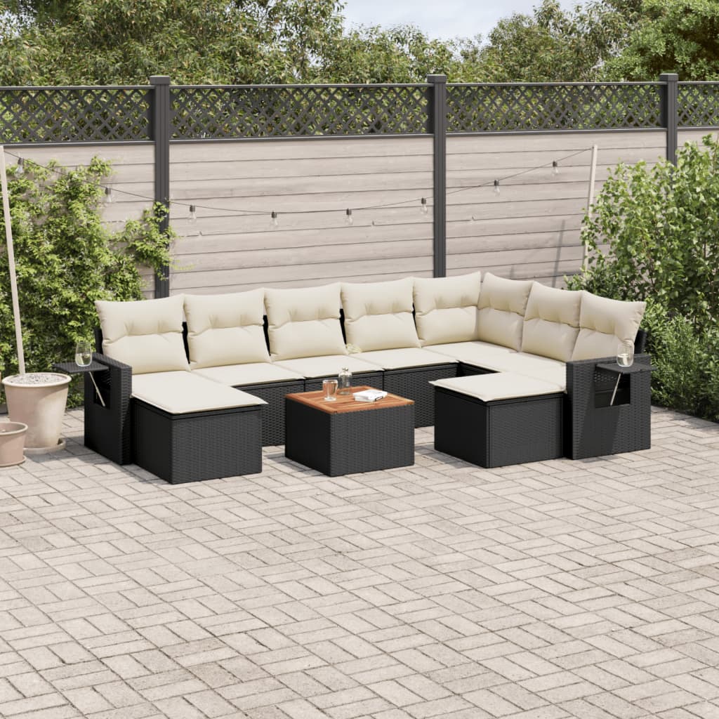 10 Piece Garden Sofa Set with Cushions Black Poly Rattan