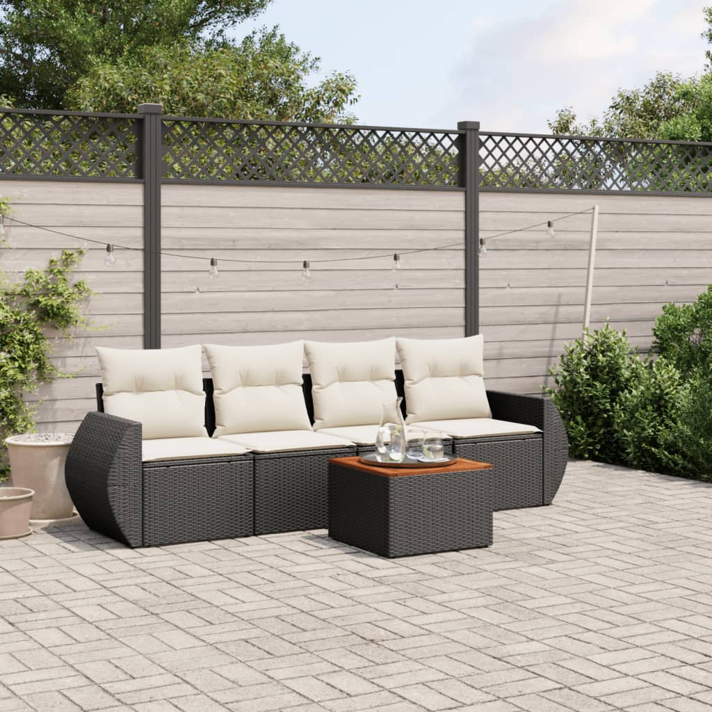 5 Piece Garden Sofa Set with Cushions Black Poly Rattan