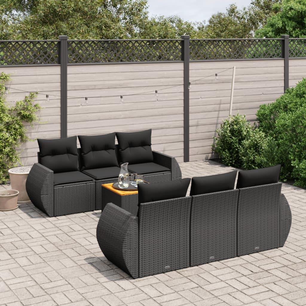 7 Piece Garden Sofa Set with Cushions Black Poly Rattan