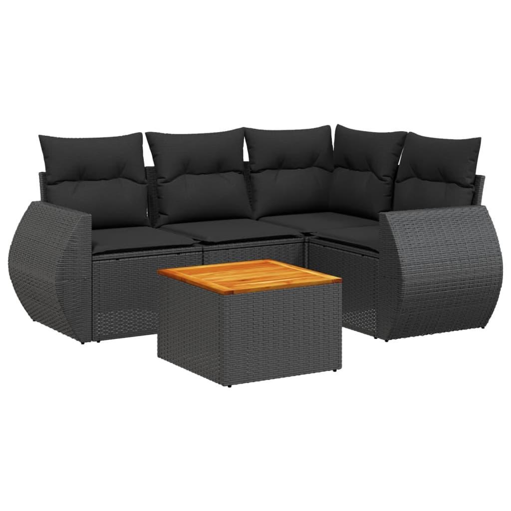 5 Piece Garden Sofa Set with Cushions Black Poly Rattan