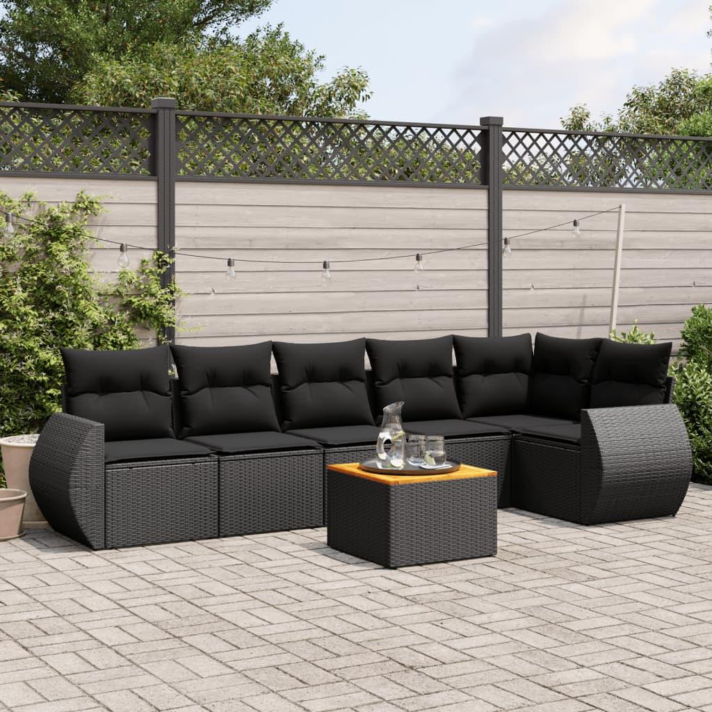 7 Piece Garden Sofa Set with Cushions Black Poly Rattan