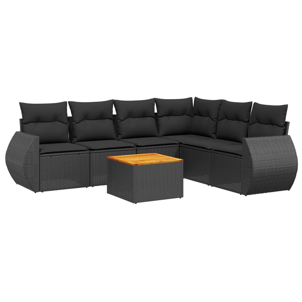 7 Piece Garden Sofa Set with Cushions Black Poly Rattan