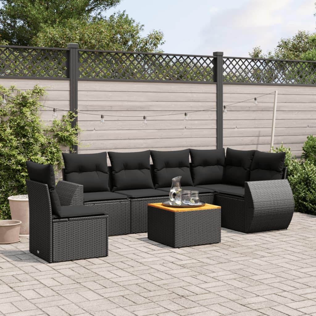 7 Piece Garden Sofa Set with Cushions Black Poly Rattan