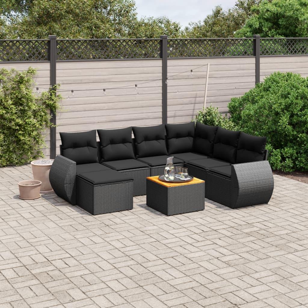 8 Piece Garden Sofa Set with Cushions Black Poly Rattan