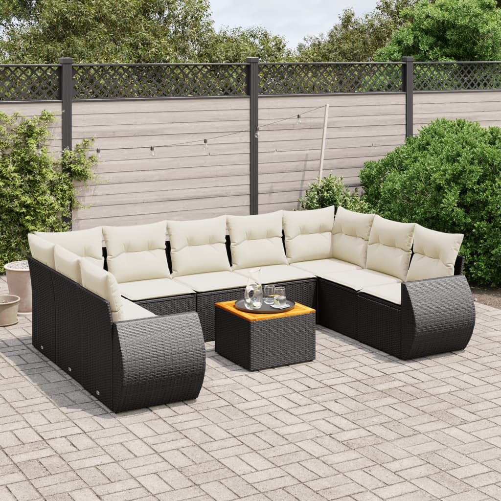 10 Piece Garden Sofa Set with Cushions Black Poly Rattan