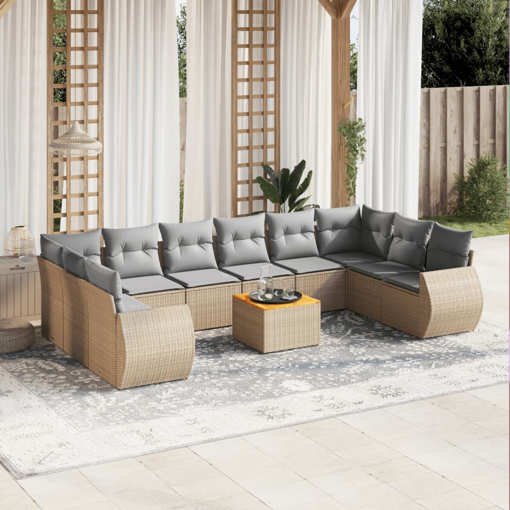 11 Piece Garden Sofa Set with Cushions Beige Poly Rattan