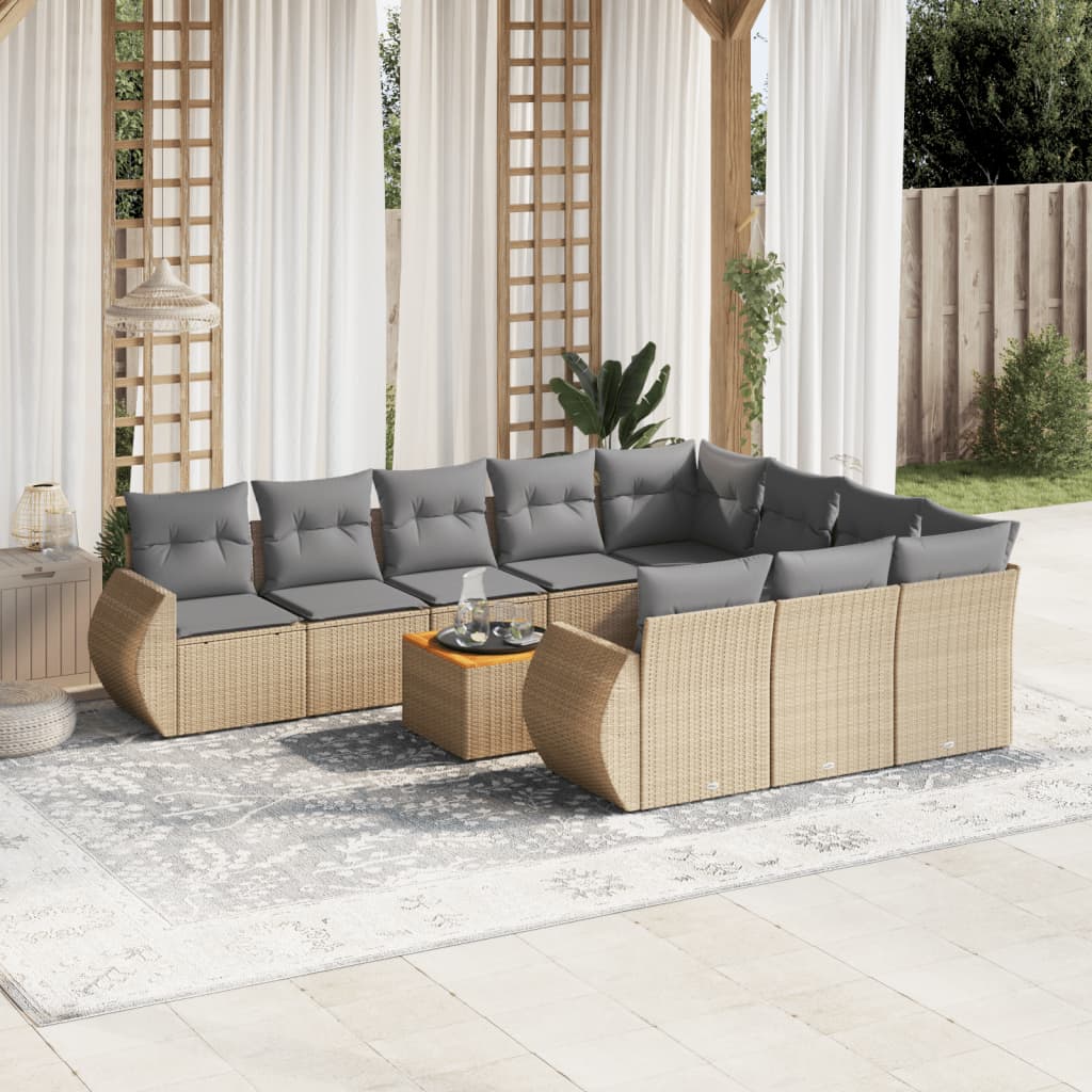 11 Piece Garden Sofa Set with Cushions Beige Poly Rattan