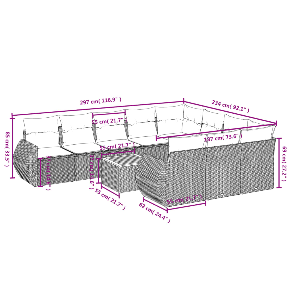 11 Piece Garden Sofa Set with Cushions Grey Poly Rattan