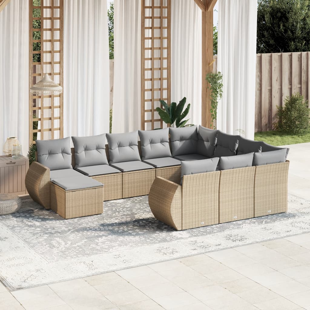 11 Piece Garden Sofa Set with Cushions Beige Poly Rattan