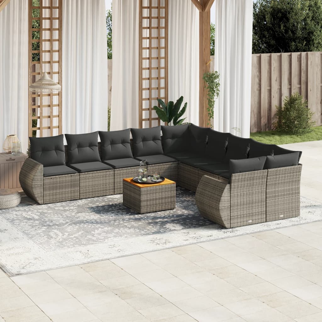 11 Piece Garden Sofa Set with Cushions Grey Poly Rattan