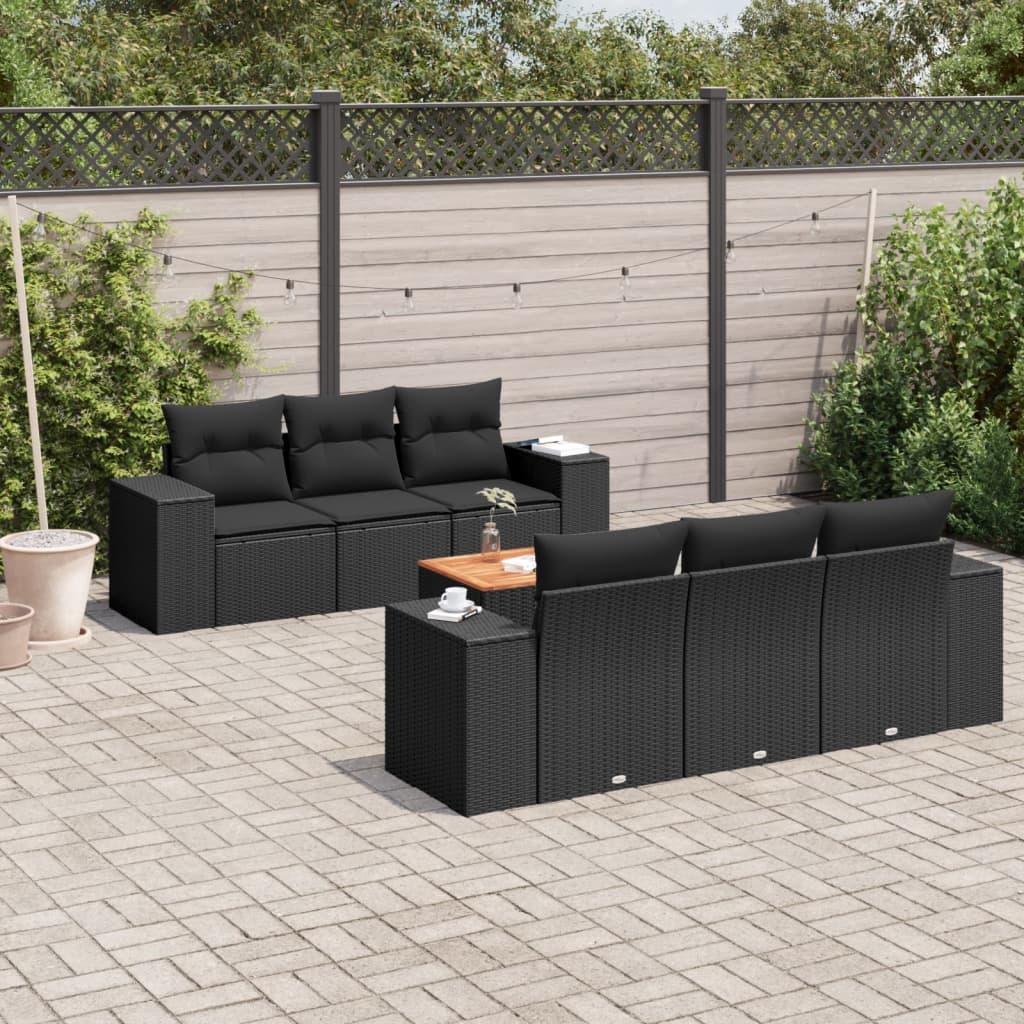 7 Piece Garden Sofa Set with Cushions Black Poly Rattan