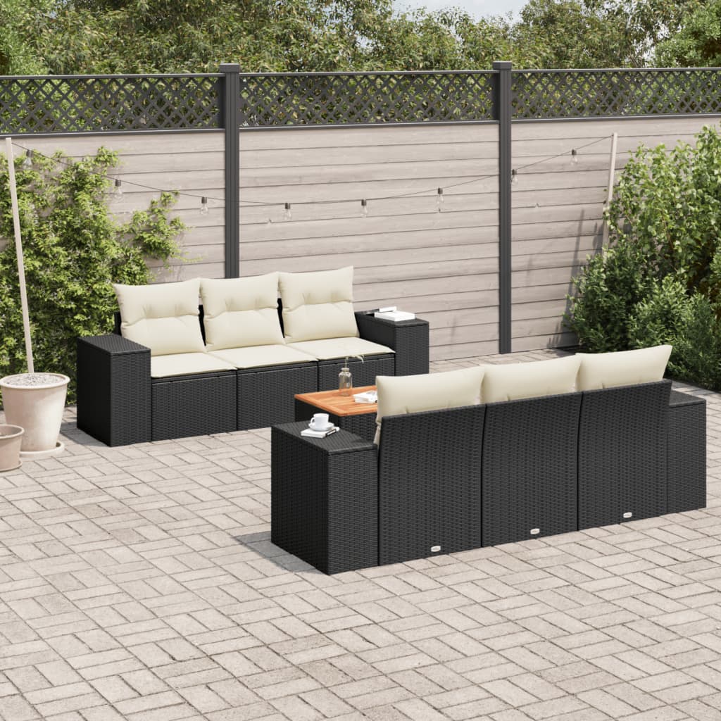 7 Piece Garden Sofa Set with Cushions Black Poly Rattan