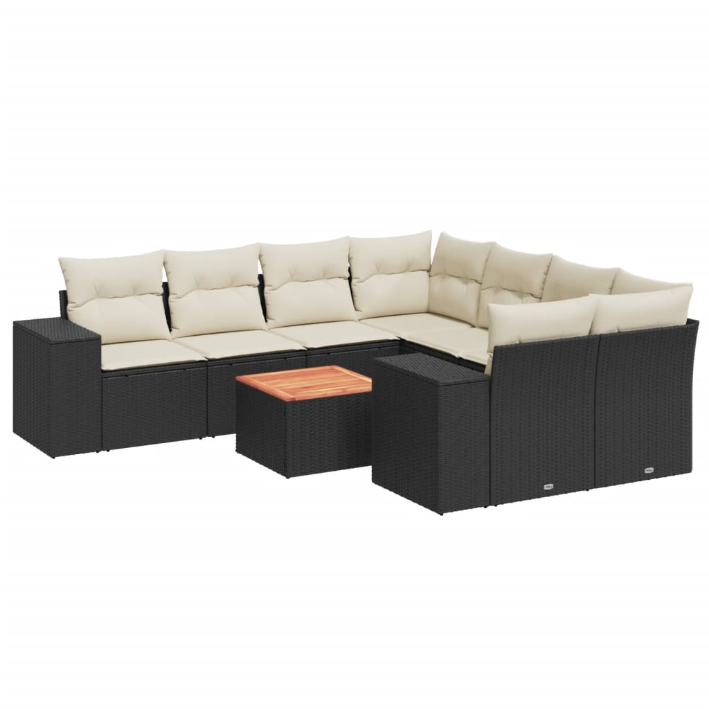 9 Piece Garden Sofa Set with Cushions Black Poly Rattan