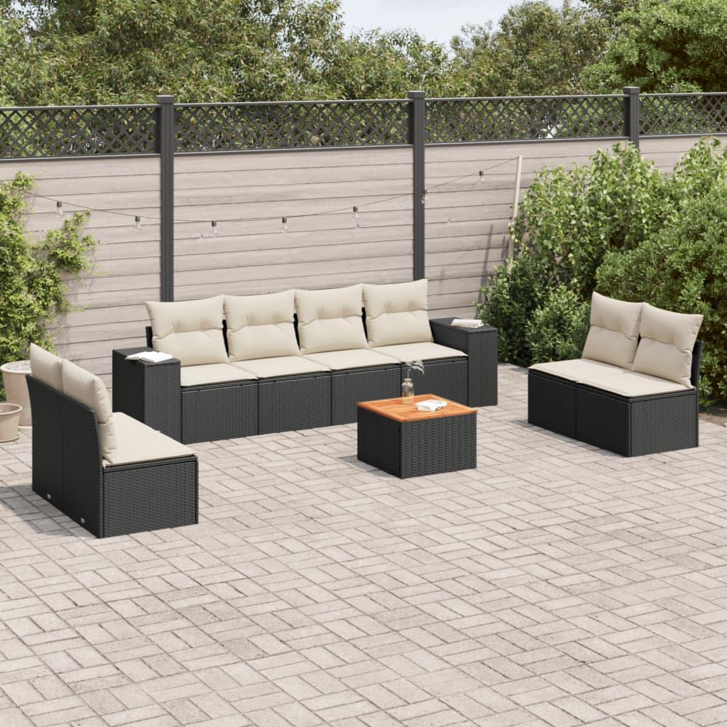 9 Piece Garden Sofa Set with Cushions Black Poly Rattan