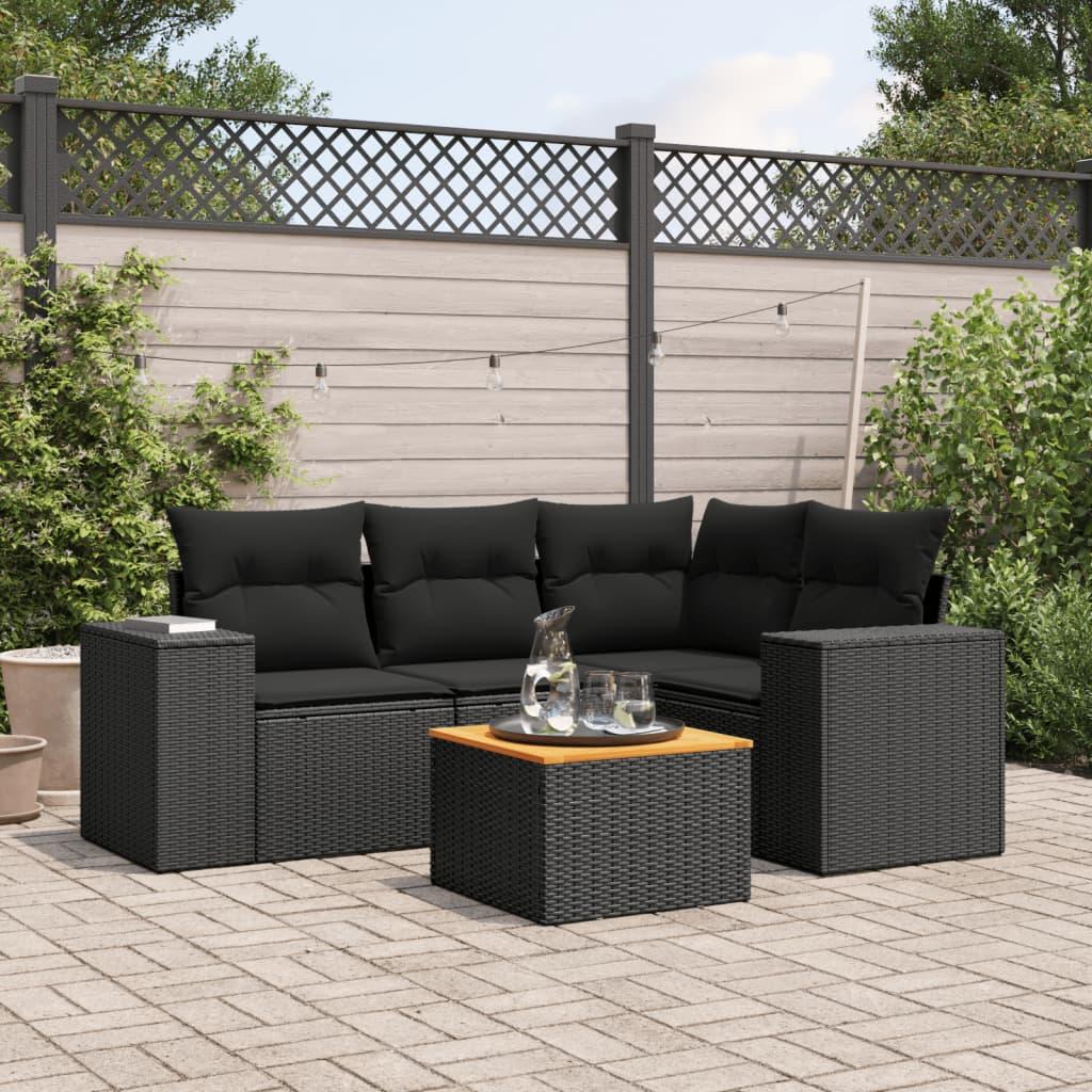 5 Piece Garden Sofa Set with Cushions Black Poly Rattan