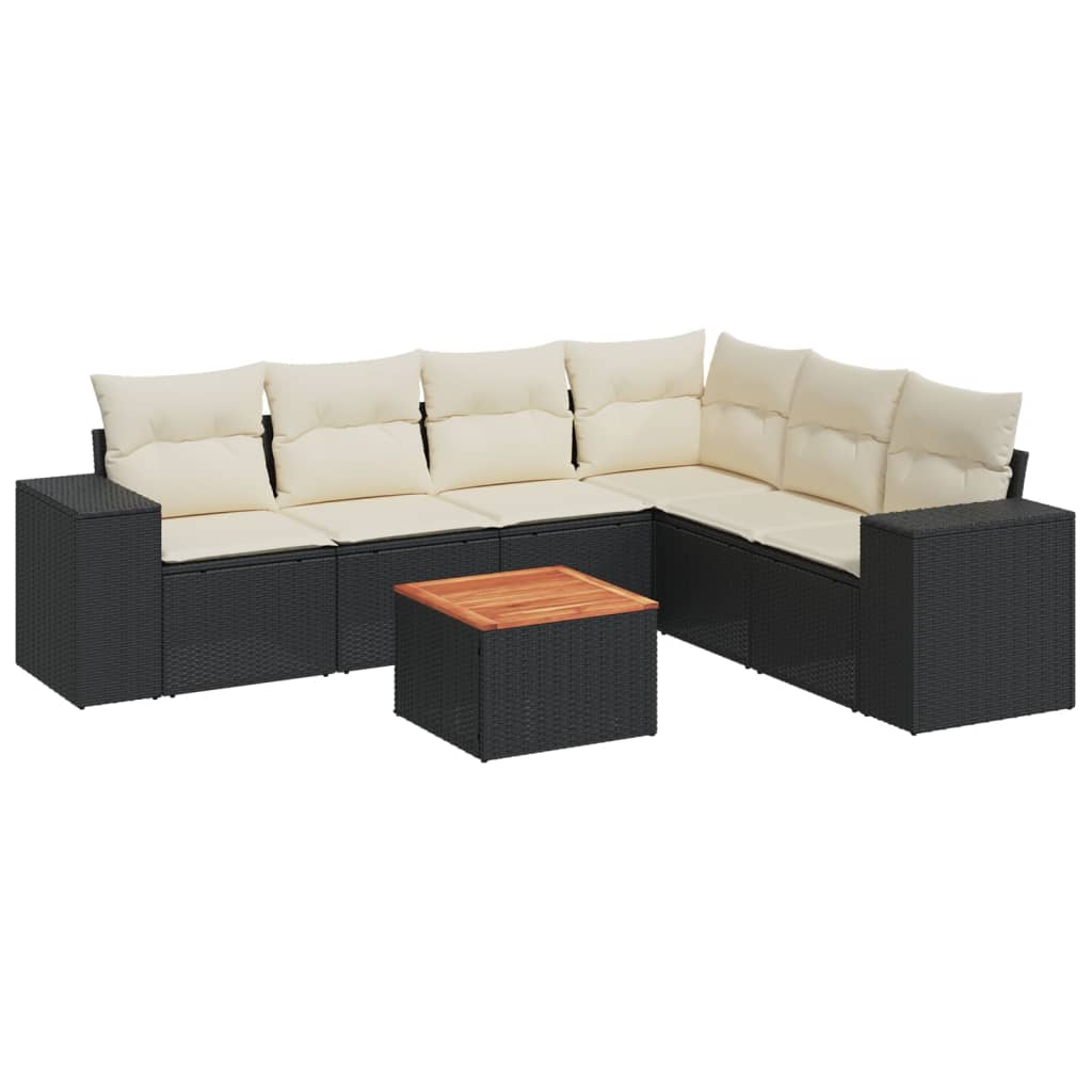 7 Piece Garden Sofa Set with Cushions Black Poly Rattan