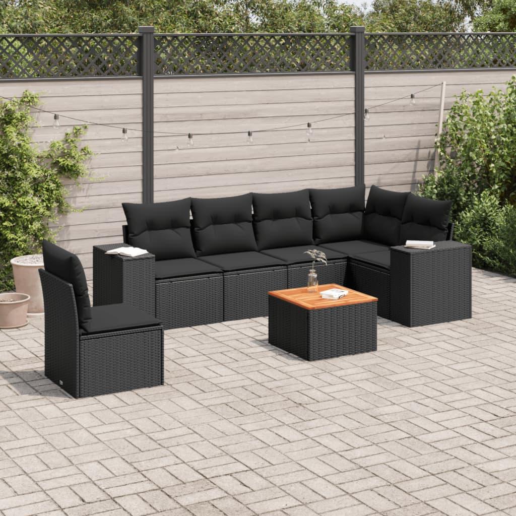 7 Piece Garden Sofa Set with Cushions Black Poly Rattan