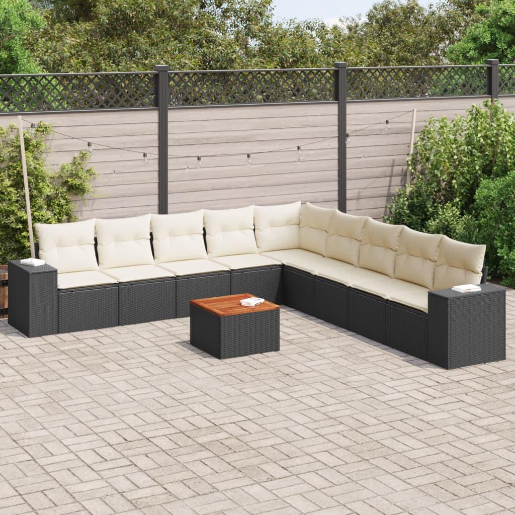 10 Piece Garden Sofa Set with Cushions Black Poly Rattan