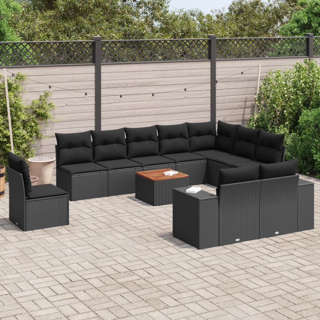 11 Piece Garden Sofa Set with Cushions Black Poly Rattan