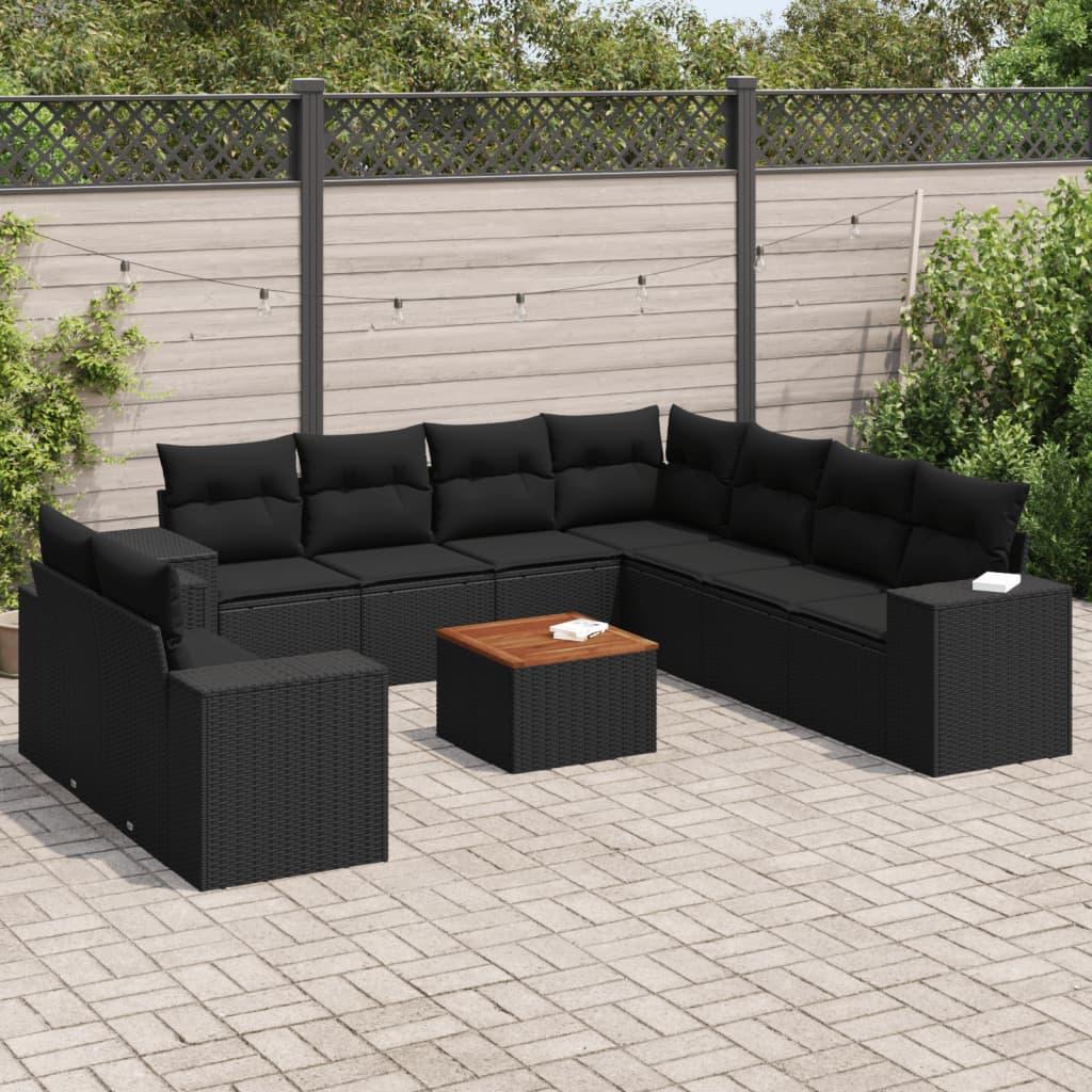 10 Piece Garden Sofa Set with Cushions Black Poly Rattan