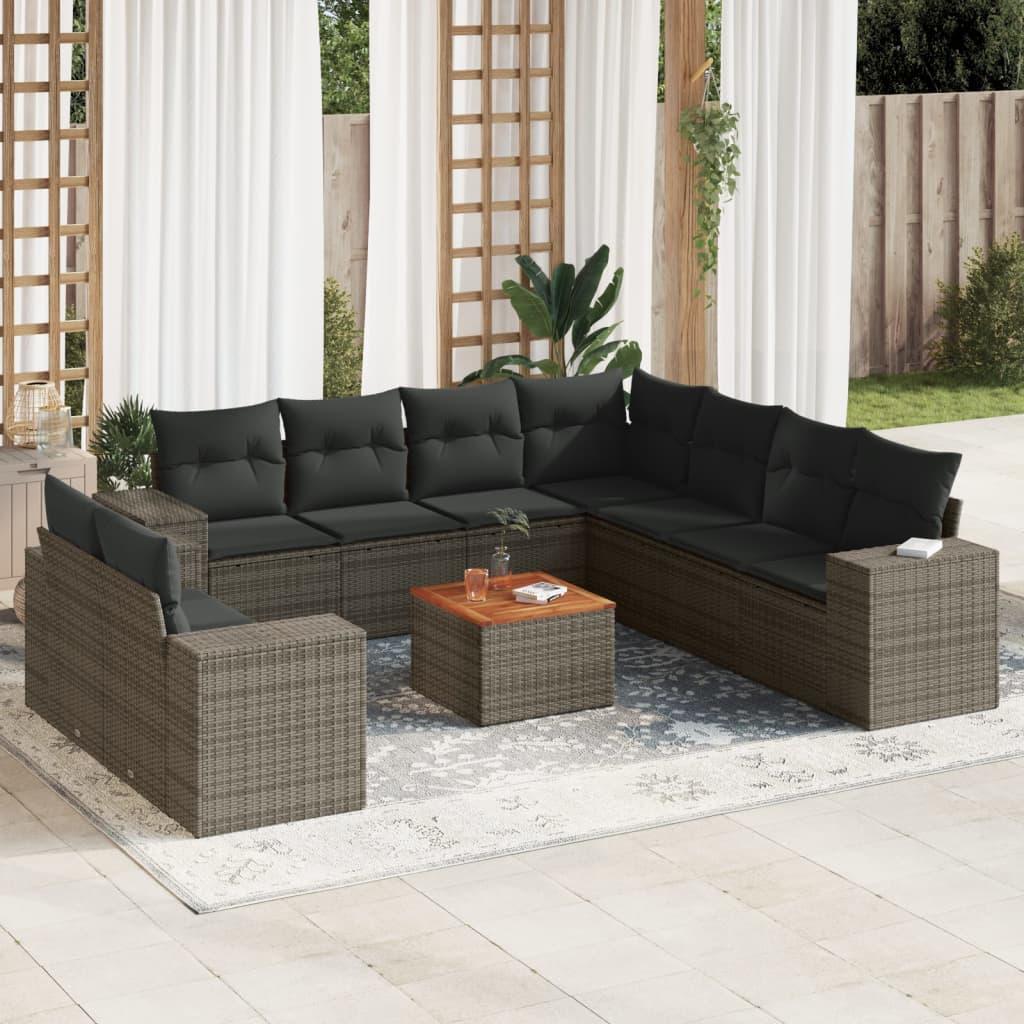 10 Piece Garden Sofa Set with Cushions Grey Poly Rattan